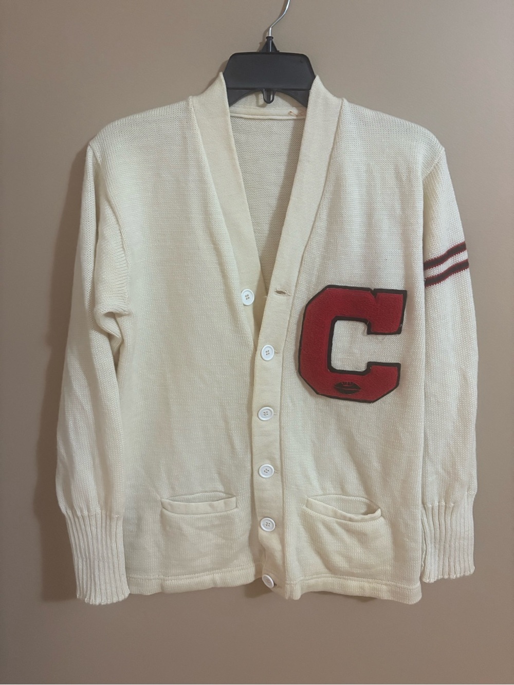 Cream Vintage 1950’s Varsity Letterman Cardigan Sweater with Red Patch
